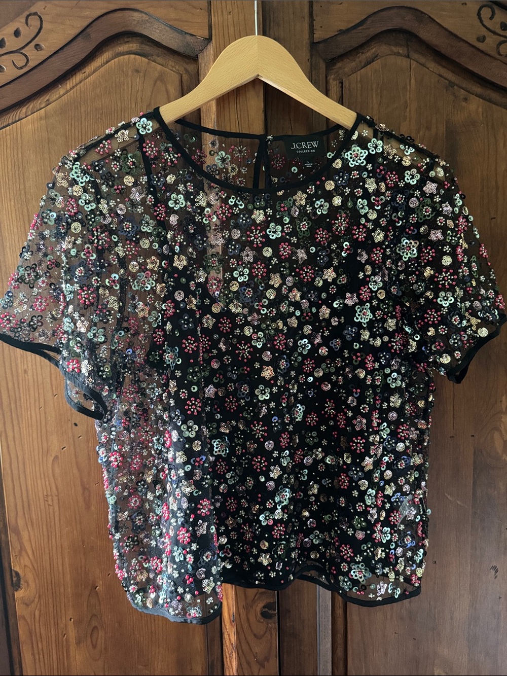 EUC JCREW COLLECTION BLACK SHEER BEADED SEQUIN TOP SIZE LARGE